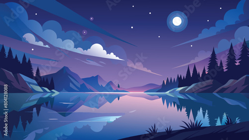 Tranquil night mountain scene with moon reflection on lake, vector cartoon illustration.