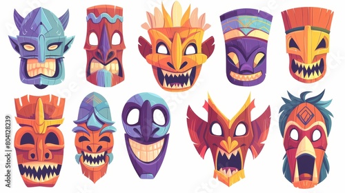 Typical tiki mask illustration isolated on white background. A set of three faces with teeth, big eyes, and a hawaiian style attribute. African culture items from ancient times.