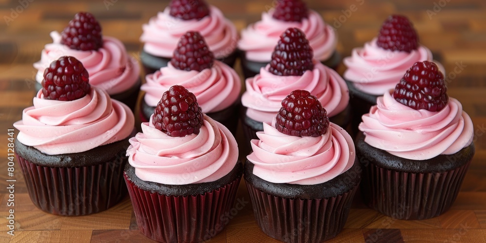 Assorted cupcakes topped with pink frosting and fresh raspberries