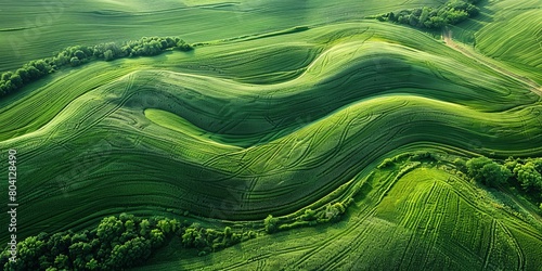 Aerial view of vibrant green undulating fields with natural patterns contrasting with the barren patches