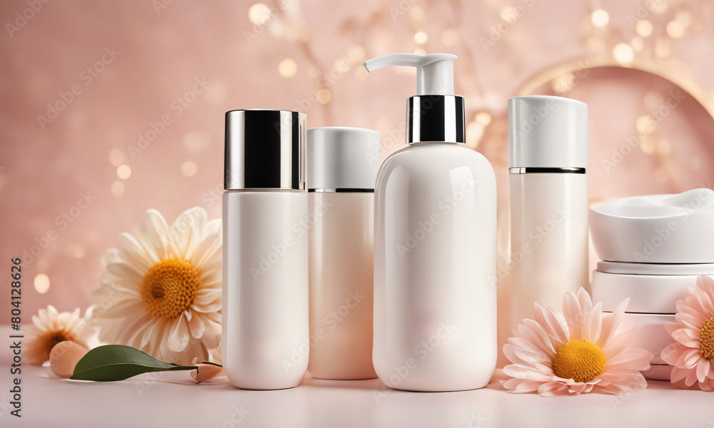 Cream tube, cosmetic glass bottle Open bottle with cream and flowers on a pastel pink background. Cream tube, cosmetic glass bottle Open bottle with cream and flowers on a pastel pink background.