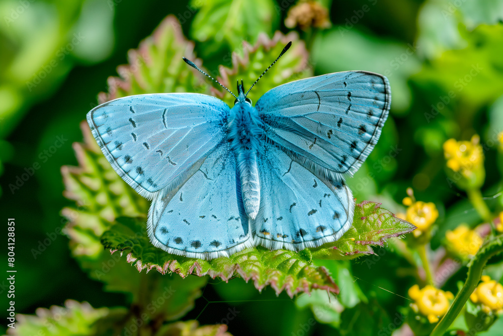 Fototapeta premium Beautiful blue copper butterfly rests among the foliage of a garden