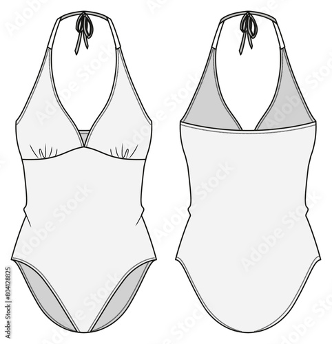 Women’s  Swimsuit, Body Fit, Front and Back View Vector Fashion Illustration , CAD, Technical Drawing, Flat Drawing, Mockup, Template.