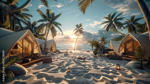 Luxury hexagonal style glamping, on a beach with many palm trees, water, sand and sun. Generative AI. photo