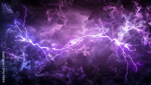 The background features a purple lightning effect and smoke. 3d abstract thunder glow cloud borders. Glowy glowing thunderbolt impact overlays with fluffy texture. Translucent fog with sparkles. photo