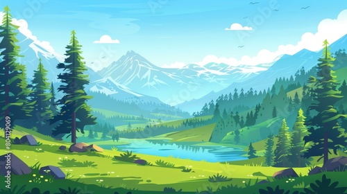 A mountain lake near forest nature modern background. A pine tree, river water, and beautiful valley daytime panorama illustration for game environment graphics. Green grass in the background.