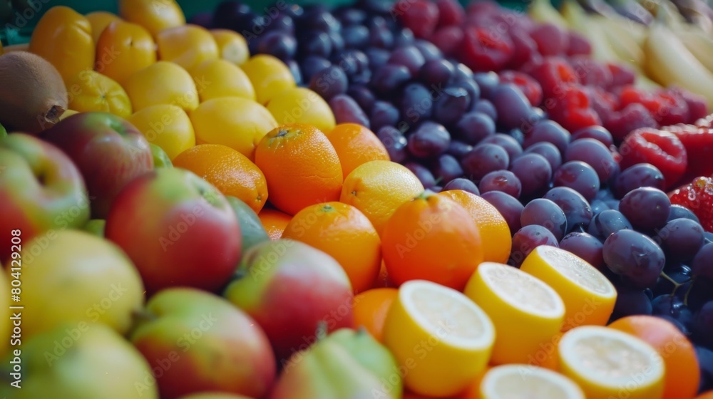 A vibrant lineup of fresh fruits, including grapefruit, oranges, limes, and berries A vibrant lineup of fresh fruits, including grapefruit, oranges, limes, and berries