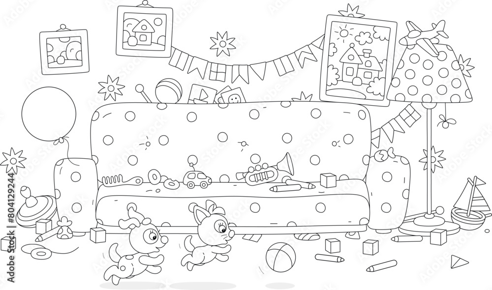 Nursery room with a sofa and a lot of toys scattered in mess after a merry game and romp of a funny little puppy and kitten running and jumping with a ball, black and white vector cartoon illustration