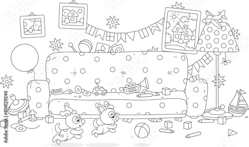 Nursery room with a sofa and a lot of toys scattered in mess after a merry game and romp of a funny little puppy and kitten running and jumping with a ball, black and white vector cartoon illustration