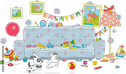 Nursery room with a sofa and colorful toys scattered in mess after a merry game and romp of a funny little puppy and kitten running and jumping with a ball, vector cartoon illustration on white