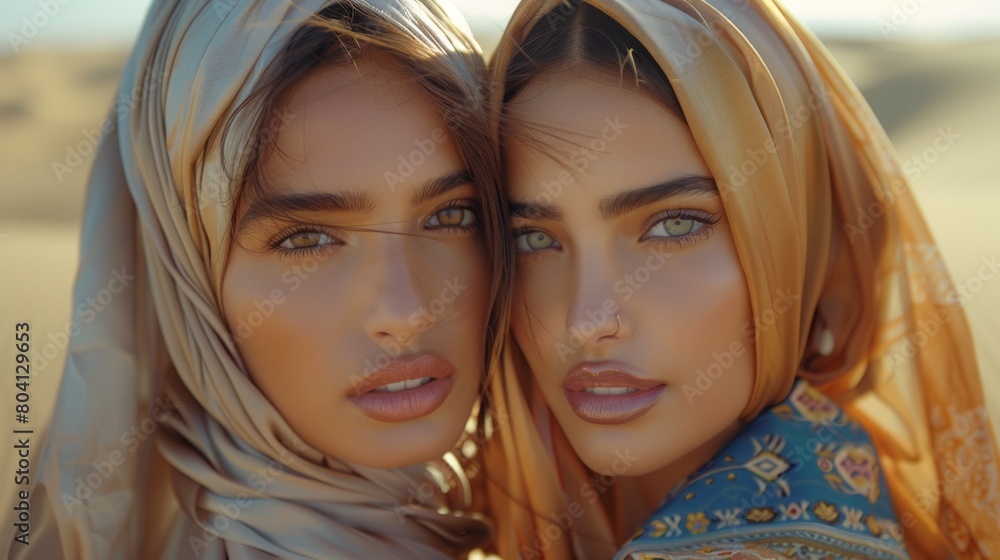 Portrait of two beautiful Arabic women together wearing nomad robes, vast sand desert in the background, warm evening colors. Generative AI. Portrait of two beautiful Arabic women together wearing nomad robes, vast sand desert in the background, warm evening colors. Generative AI.
