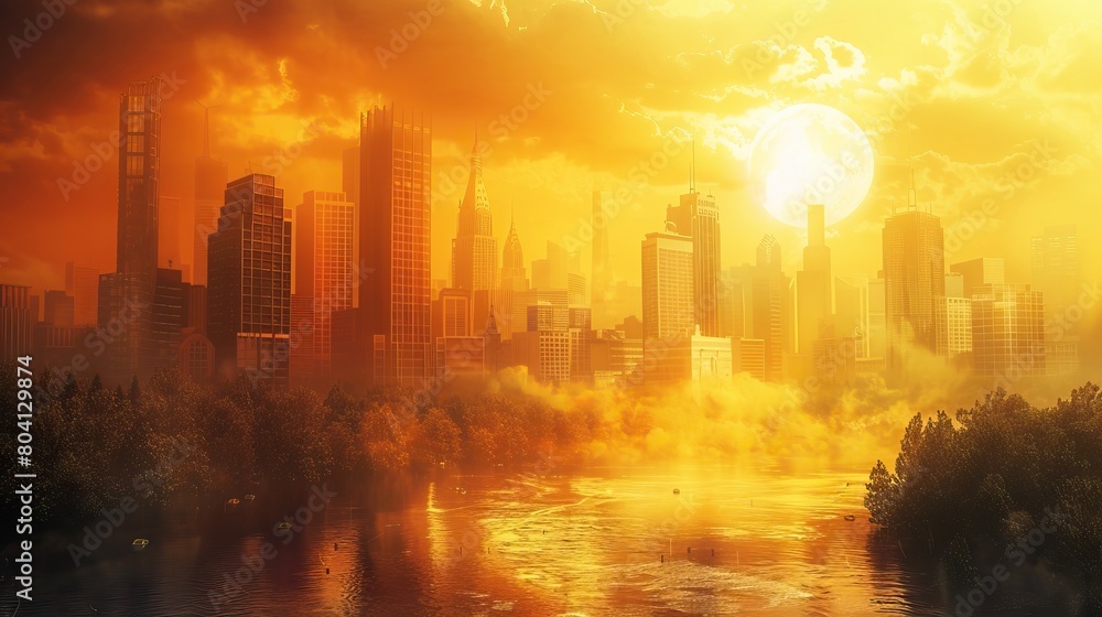 a city in the future. The city is flooded and the sun is setting. The sky looks like its on fire.