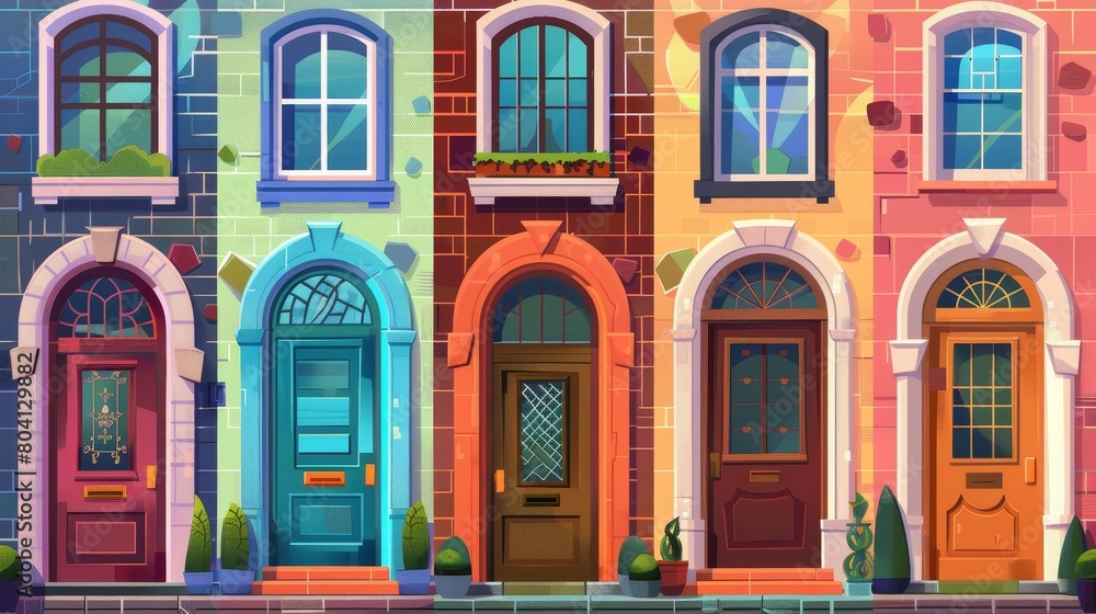 House entrance with brick jambs and window. Modern illustration set of a closed wooden colorful doorway with handle, mailbox and decorative glass frame. Home exterior element. House entrance with brick jambs and window. Modern illustration set of a closed wooden colorful doorway with handle, mailbox and decorative glass frame. Home exterior element.