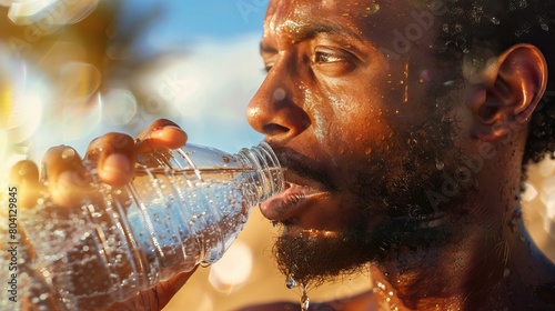 A man is drinking water from a bottle. He is sweating and looks hot. He is wearing a black tank top. The background is blurred. photo