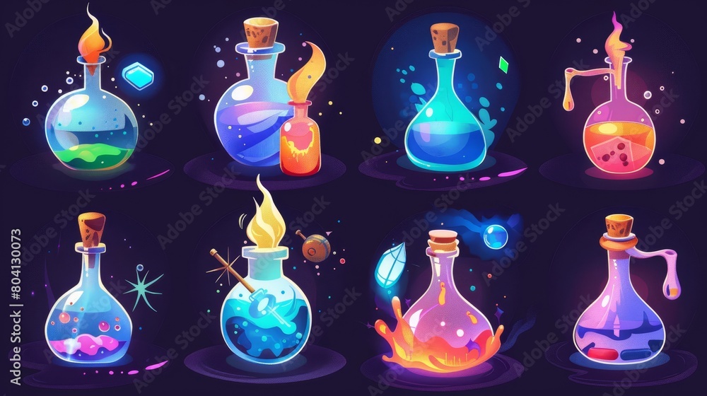 Icons for the laboratory potion bottle animation. Chemical flask explosion UI set. Alchemy fluid antidote evaporation sprite. Medication toxic jar smoke assets. Icons for the laboratory potion bottle animation. Chemical flask explosion UI set. Alchemy fluid antidote evaporation sprite. Medication toxic jar smoke assets.