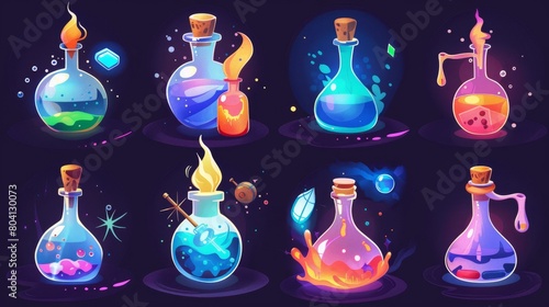 Icons for the laboratory potion bottle animation. Chemical flask explosion UI set. Alchemy fluid antidote evaporation sprite. Medication toxic jar smoke assets. photo
