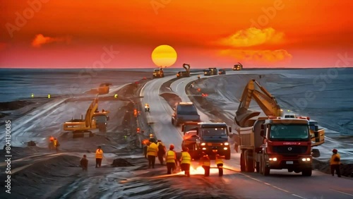 Workers and heavy machinery are busy at a road construction site photo