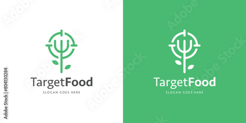Simple Target Food Logo. Target and Fork with Linear Outline Style. Food Hunter Logo Icon Symbol Vector Design Inspiration.	