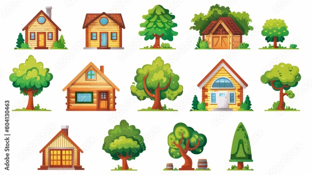 This set of wood cabin clipart illustrates a summer forest house on a white background. Wooden cottage building with a door, a lodge, a window, and a roof.