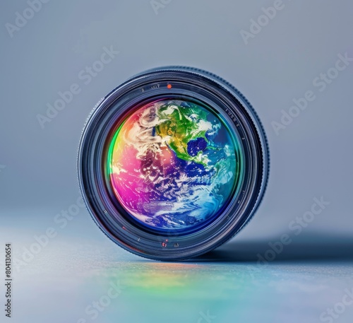 3d abstract background with globe inside the camera shutter