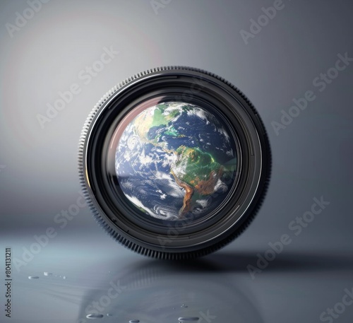 3d abstract background with globe inside the camera shutter