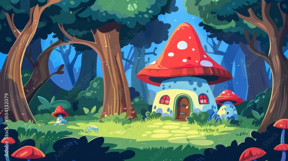 A fairy forest wonderland has a magic mushroom house made out of red hats for gnomes and elves. This cartoon modern illustration depicts a fantasy landscape with a cute tale or game home in the