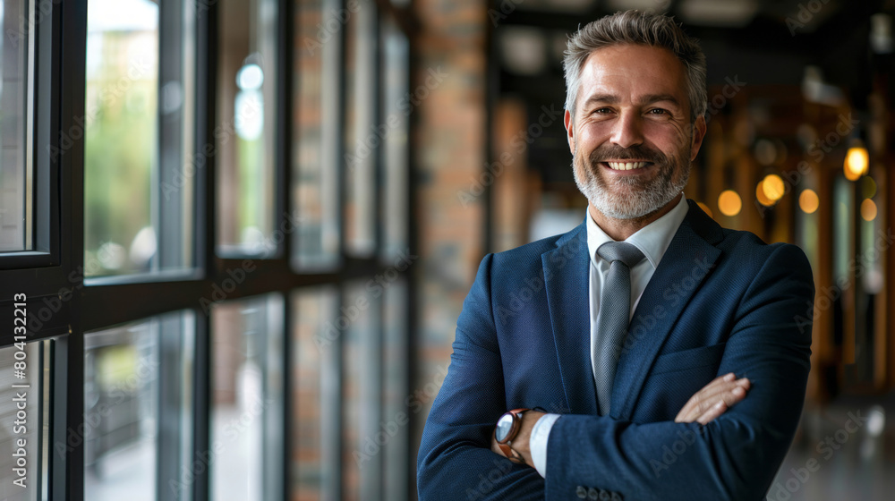 A confident businessman in his late forties, with short hair and facial stubble, stands smiling with his arms crossed against the backdrop of an office window. A confident businessman in his late forties, with short hair and facial stubble, stands smiling with his arms crossed against the backdrop of an office window.