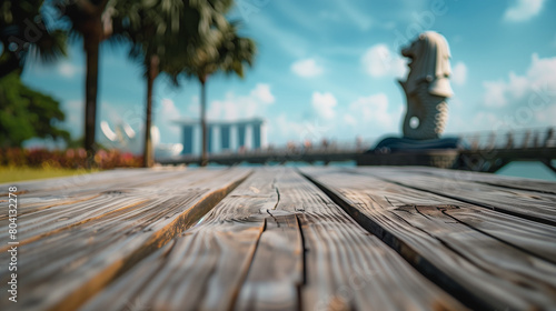 A photo shows an empty wooden table top with a slightly blurry merlion garden background, Ai Generated Images photo