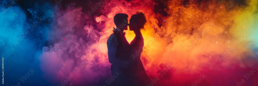 A silhouette of a couple dancing in colorful smoke is seen, creating a romantic photoshoot with colorful neon lights and cinematic, atmospheric lighting. A silhouette of a couple dancing in colorful smoke is seen, creating a romantic photoshoot with colorful neon lights and cinematic, atmospheric lighting.