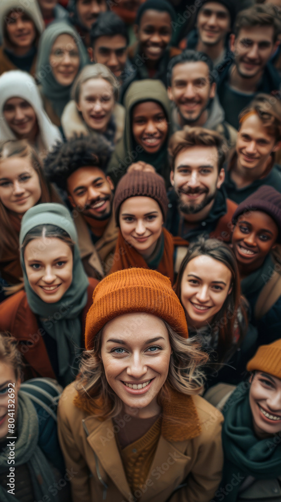 A large, diverse group of people stand together in an open space, smiling and looking at the camera against a blurred background.