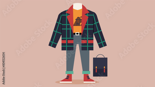 A trendy mixandmatch outfit combining a thrifted plaid blazer a graphic tee and faux leather leggings.. Vector illustration