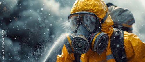 A person in protective gear and a gas mask sprays dust or powder, indicative of the use of toxic fumes in construction work. photo