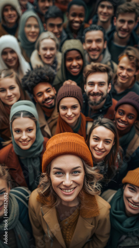 A large, diverse group of people stand together in an open space, smiling and looking at the camera against a blurred background. © Duka Mer