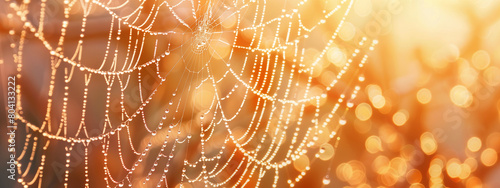 Beautiful summer spiderweb with dew drops and light