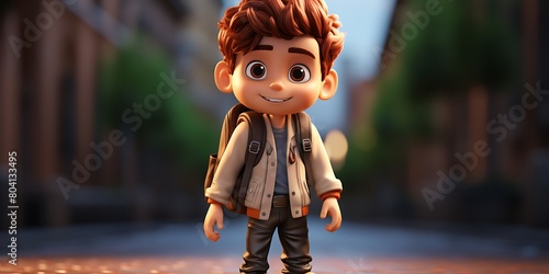 3D Render of Little Boy with Backpack sitting on the floor