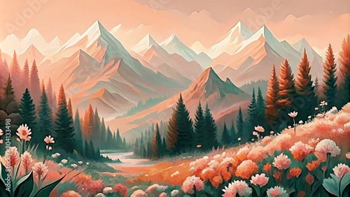 A soft pink and green mountain range with wildflowers, sunrise, in the style of digital art, brush strokes, watercolo
