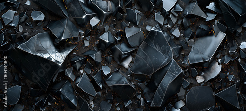 Top view of the texture of gleaming obsidian, its smooth surface reflecting shards