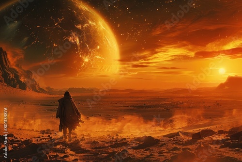 A lone wanderer traverses the barren wasteland of a forgotten world, guided only by the stars and the wisdom of the zodiac, seeking redemption for past sins.