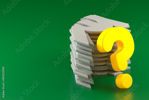 A Stack of India Rupee Signs and a Neon-Lit Question Mark on a Green Background. 3d Rendering photo