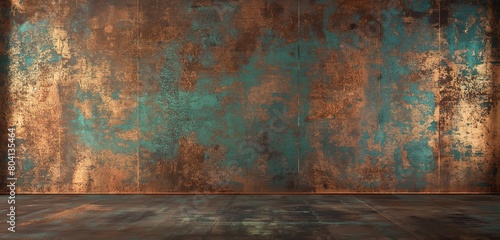 A metallic, copper wall background, its surface lightly patinated to reveal verdigris accents. photo