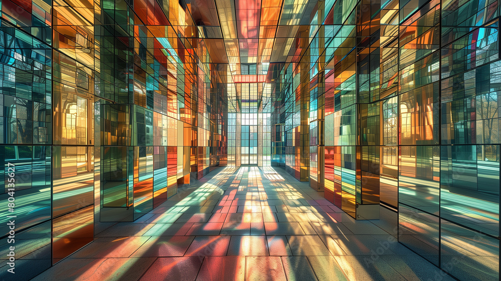 A dynamic interplay of light and shadow cast through colorful glass panels, creating a vibrant tapestry within a modern architectural space, where geometric patterns and reflections