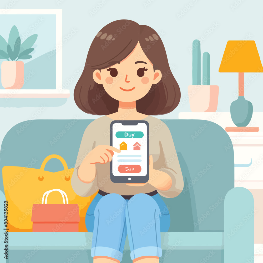 illustration of a woman shopping at an online store with a smartphone illustration of a woman shopping at an online store with a smartphone