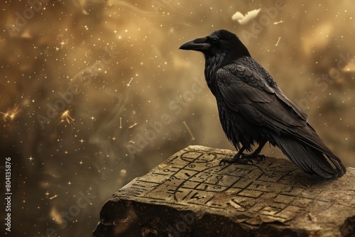 A solitary raven perches upon a weathered stone tablet, etched with the constellations of the zodiac, its caw echoing through the night. photo