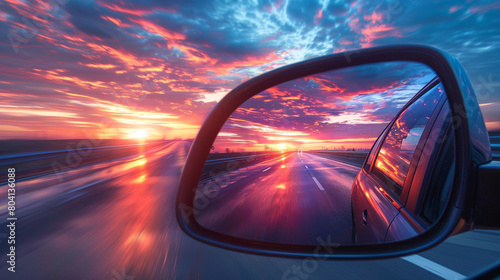 The setting sun on the side mirror of car. Beautiful landscape and road visible in the mirror