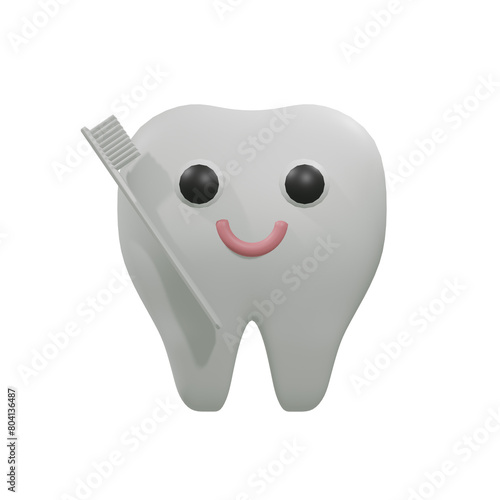 歯ブラシを持つ歯のキャクターの3D