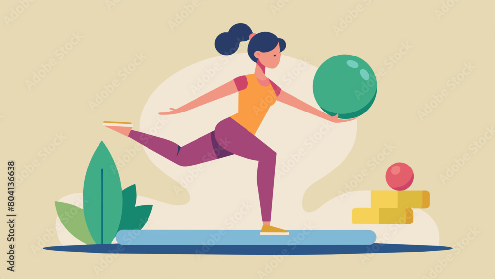 A person with balance issues practicing yoga with the assistance of a balance board and ss.. Vector illustration