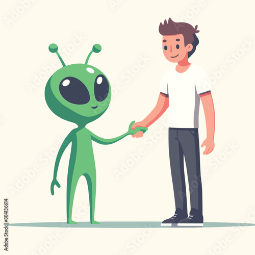illustration of an alien and a human shaking hands