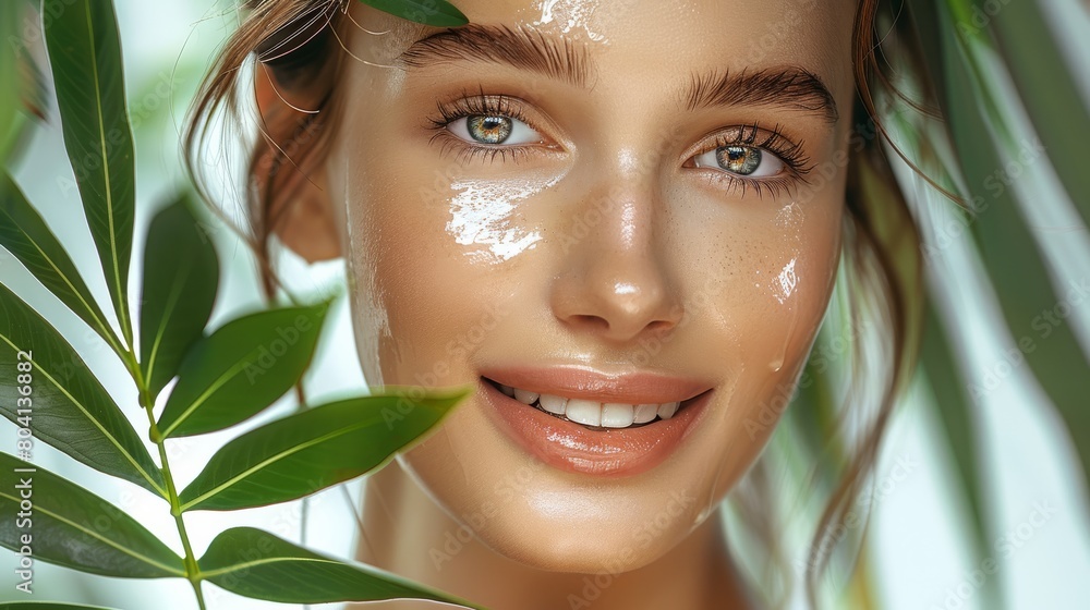 Beauty skin shoot, woman with one green leave near face and body, late 20s, white, smiling, clean shiny perfect skin. Generative AI. Beauty skin shoot, woman with one green leave near face and body, late 20s, white, smiling, clean shiny perfect skin. Generative AI.