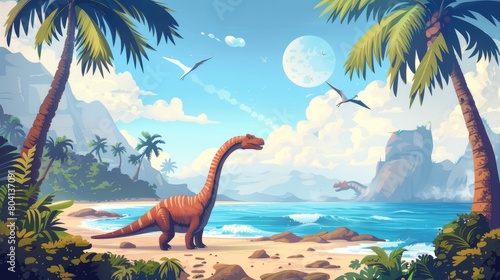 The panoply illustration shows a summer island with dinosaurs near a tropical ocean scene. The scene includes a brachiosaurus and triceratops.