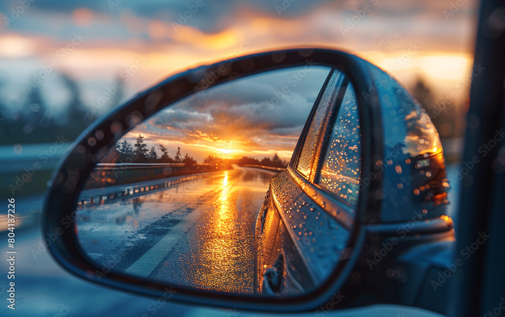 The setting sun on the side mirror of car. Beautiful landscape and road visible in the mirror The setting sun on the side mirror of car. Beautiful landscape and road visible in the mirror